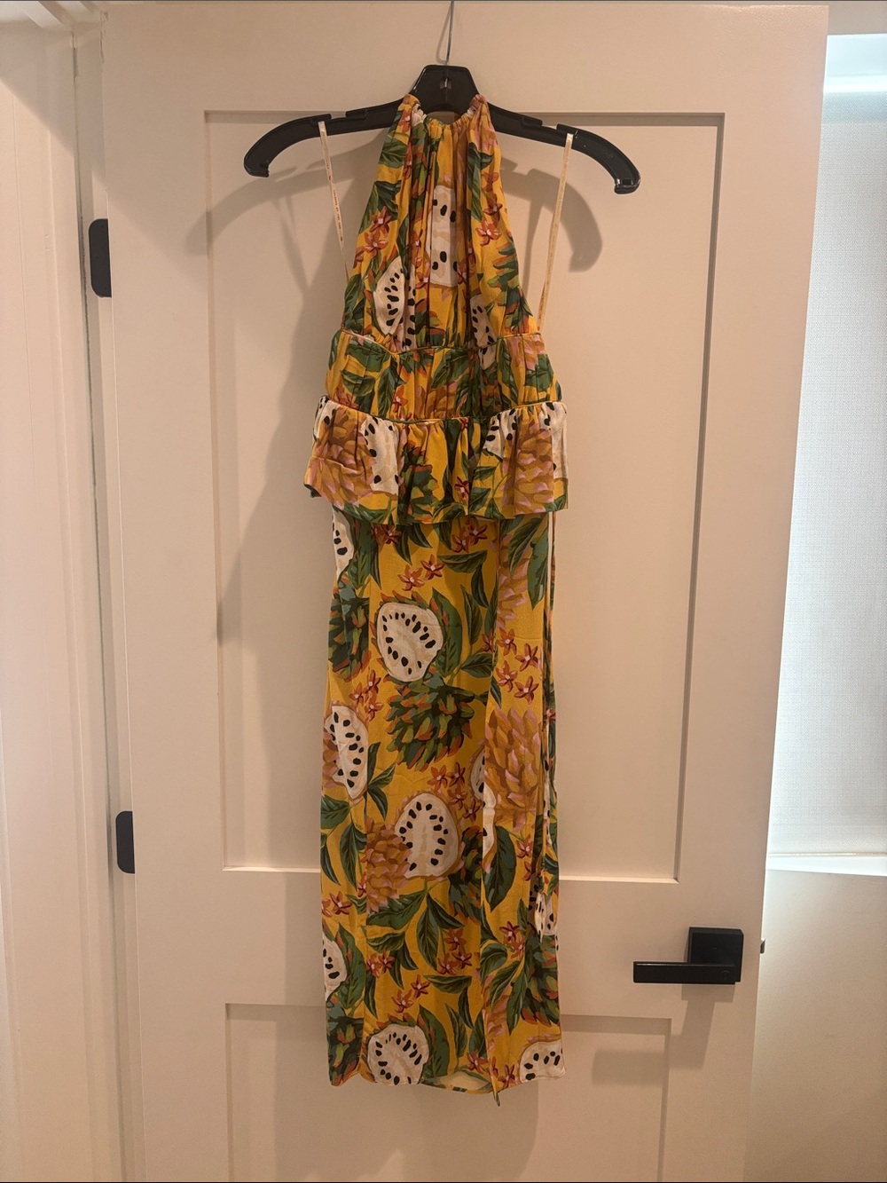 FARM Rio Yellow Biriba Halter Dress with Green Leaf Print